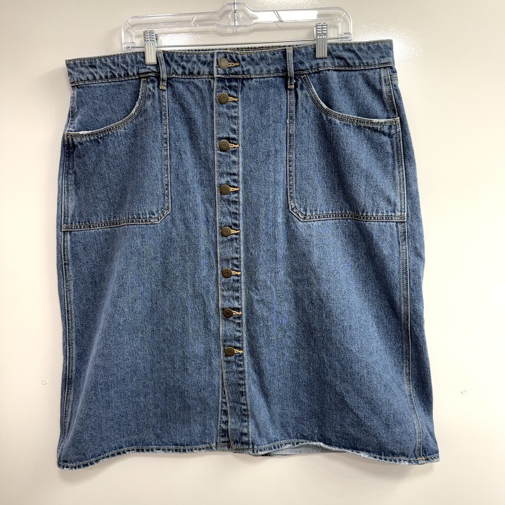 Old Navy Y2K Midi Denim Blue Jean Skirt Womens Size 18 Mid Rise Button Front